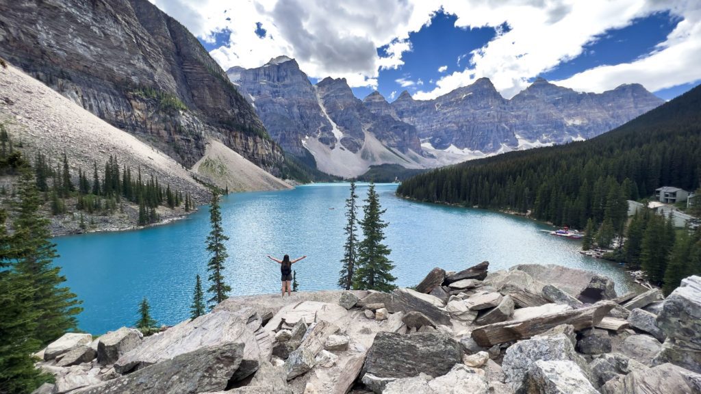 Overlooking view of Moraine Lake in Banff