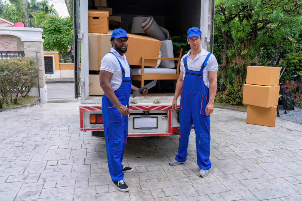 professional movers posing by a fully loaded moving truck