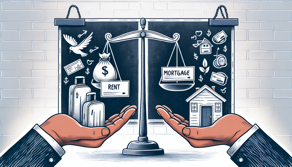 a graphic of a weighing scale weighing the pros and cons of renting vs house mortage