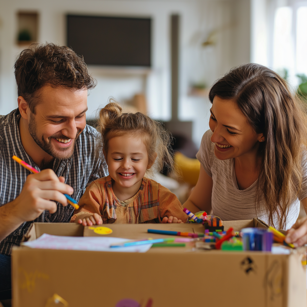 A young family painting a moving box