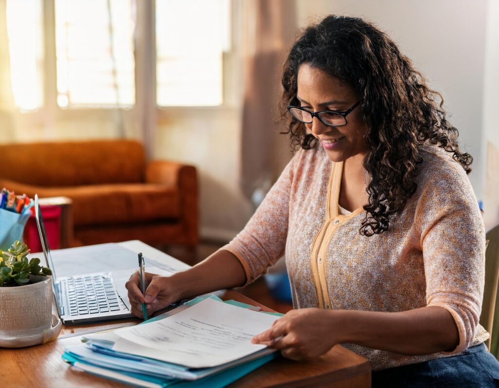 A mom organizing documents