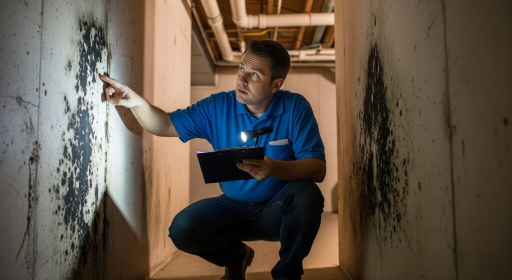 a home inspector discovering mold in the basement of a house of sale