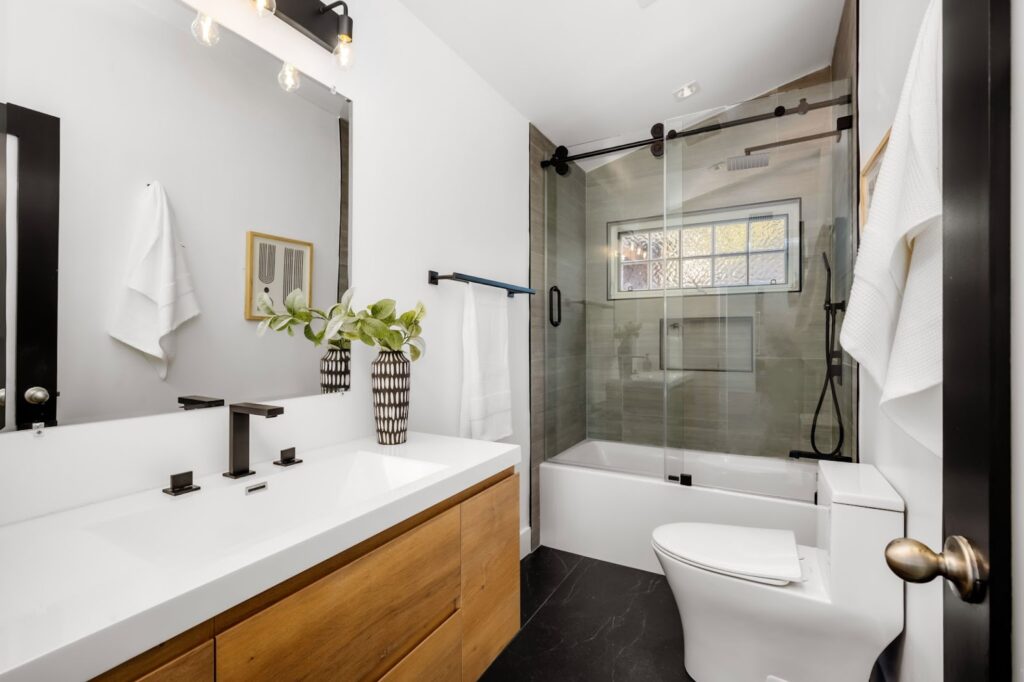 A bathroom that was given a quick facelift to give it a modern look.