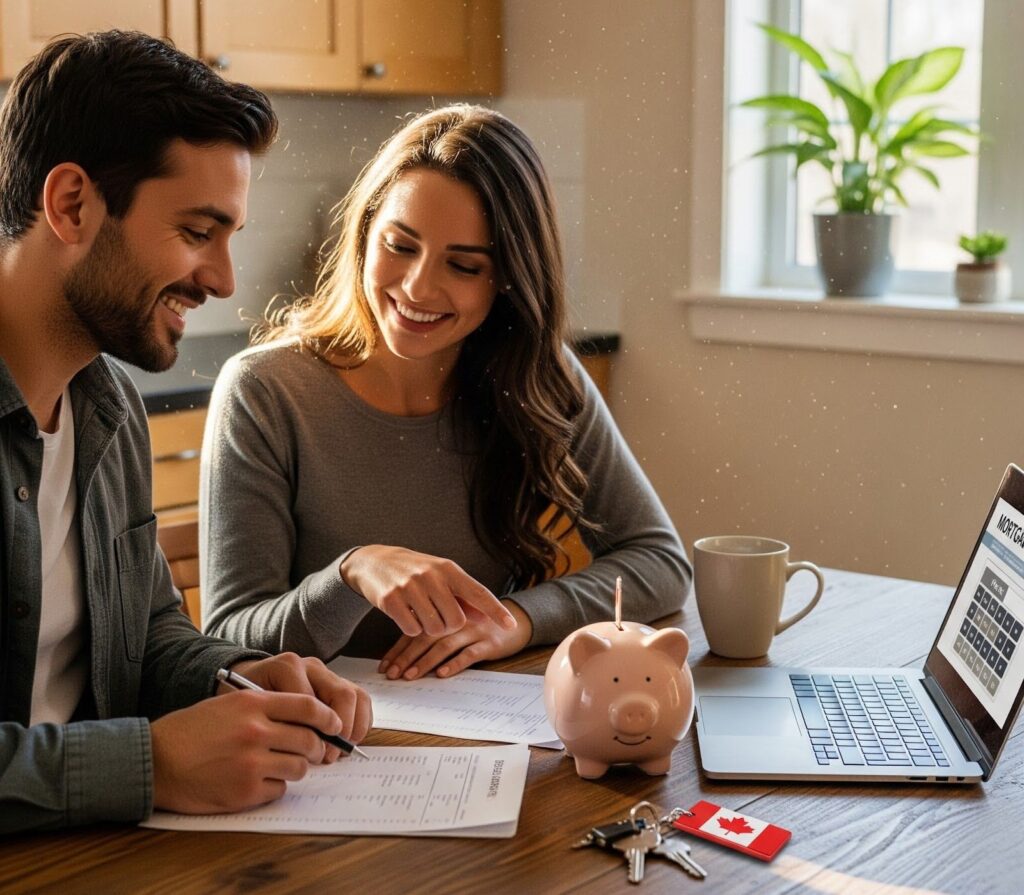 Young couple studying their finances and how the FHSA and RRSP Home Buyers' Plan help them save for a down payment on a house.